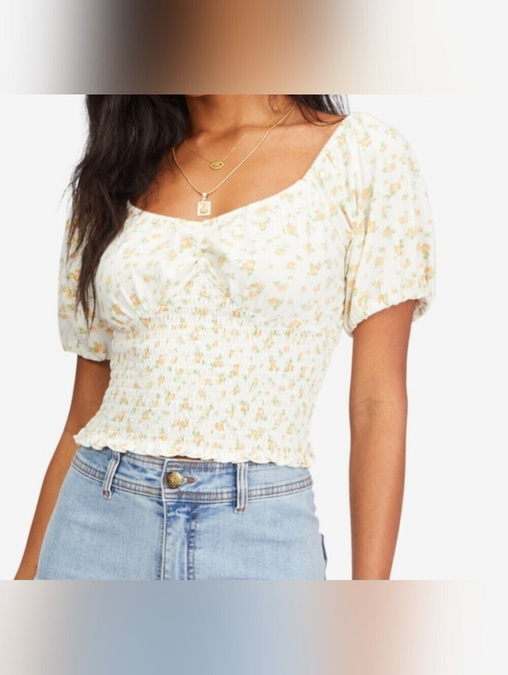 Billabong Get Along 100% Cotton Floral Smocked Puff-Sleeve Crop Top Size Large